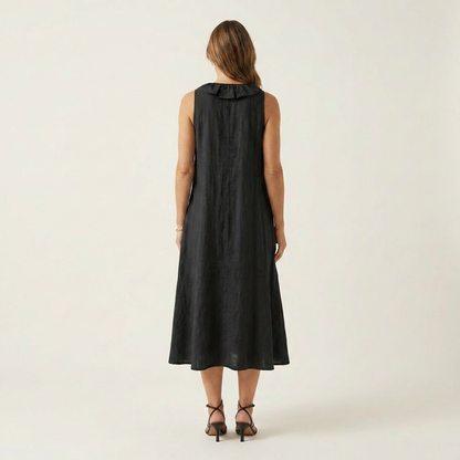 Vicky | Ruffle-Front Linen Maxi Dress with V-Neck and Sleeveless Design