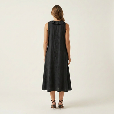 Vicky | Ruffle-Front Linen Maxi Dress with V-Neck and Sleeveless Design