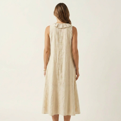Vicky | Ruffle-Front Linen Maxi Dress with V-Neck and Sleeveless Design