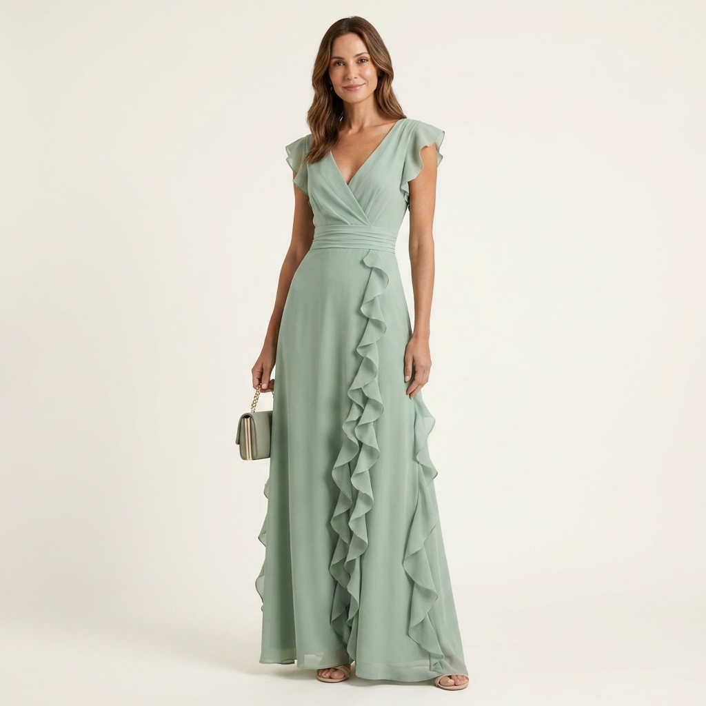 Nellyana Wrap-Style V-Neck Maxi Dress with Flutter Sleeves and Cascading Ruffles