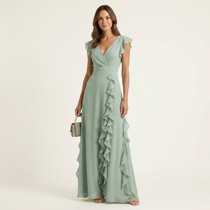 Nellyana Wrap-Style V-Neck Maxi Dress with Flutter Sleeves and Cascading Ruffles