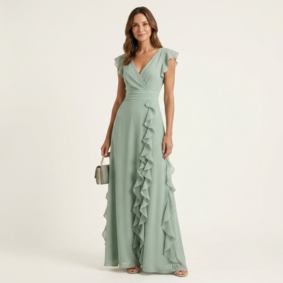 Nellyana Wrap-Style V-Neck Maxi Dress with Flutter Sleeves and Cascading Ruffles