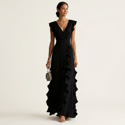 Nellyana Wrap-Style V-Neck Maxi Dress with Flutter Sleeves and Cascading Ruffles