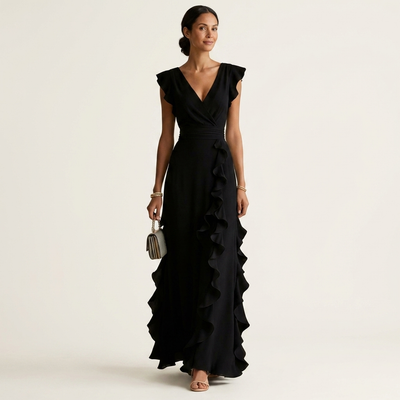 Nellyana Wrap-Style V-Neck Maxi Dress with Flutter Sleeves and Cascading Ruffles