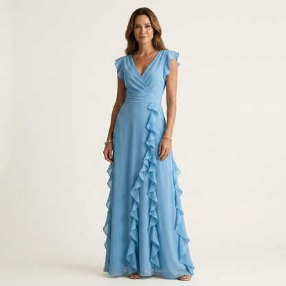 Nellyana Wrap-Style V-Neck Maxi Dress with Flutter Sleeves and Cascading Ruffles