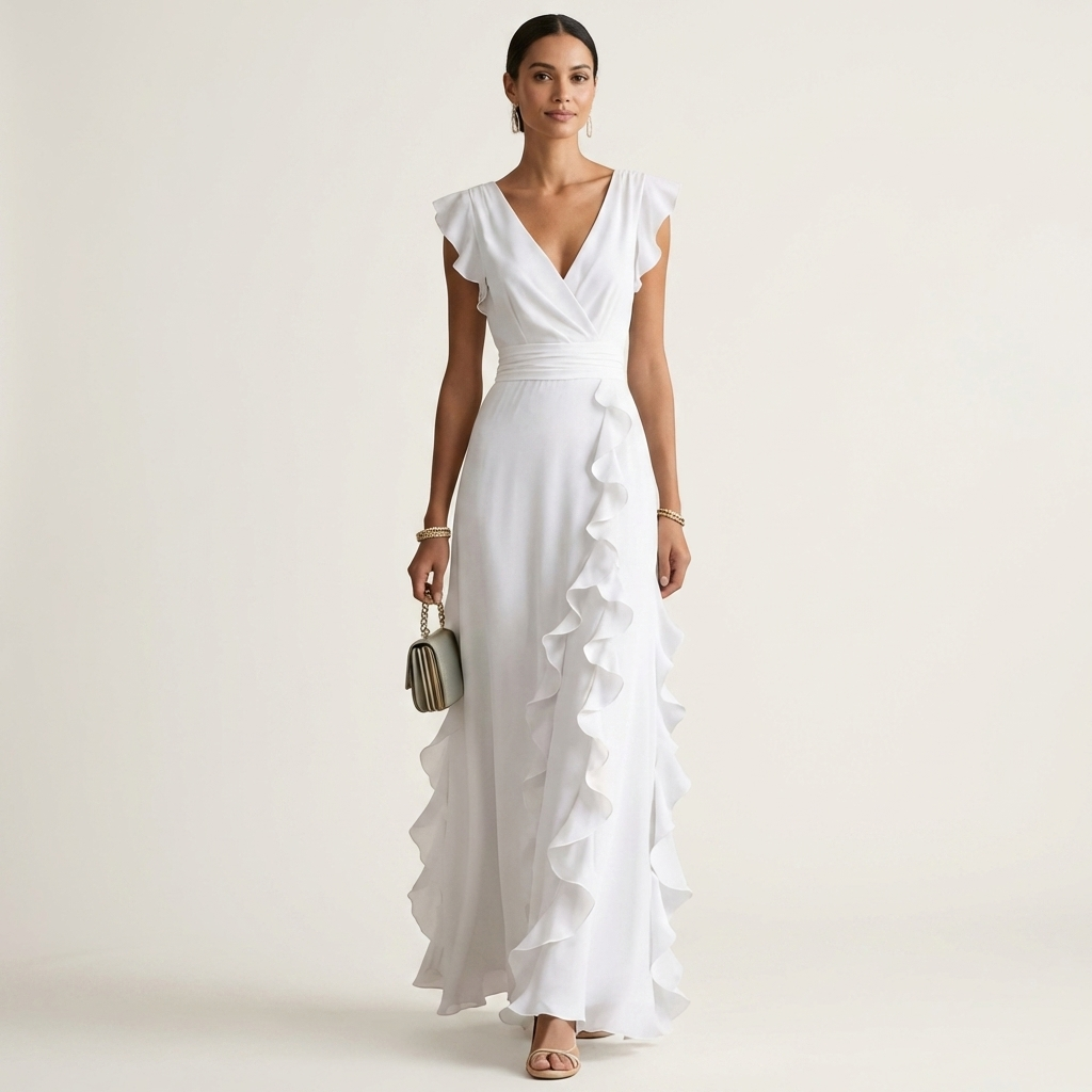 Nellyana Wrap-Style V-Neck Maxi Dress with Flutter Sleeves and Cascading Ruffles