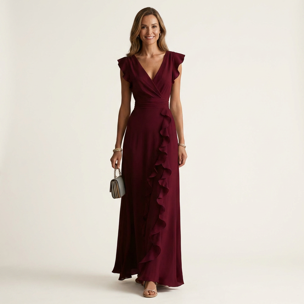 Nellyana Wrap-Style V-Neck Maxi Dress with Flutter Sleeves and Cascading Ruffles
