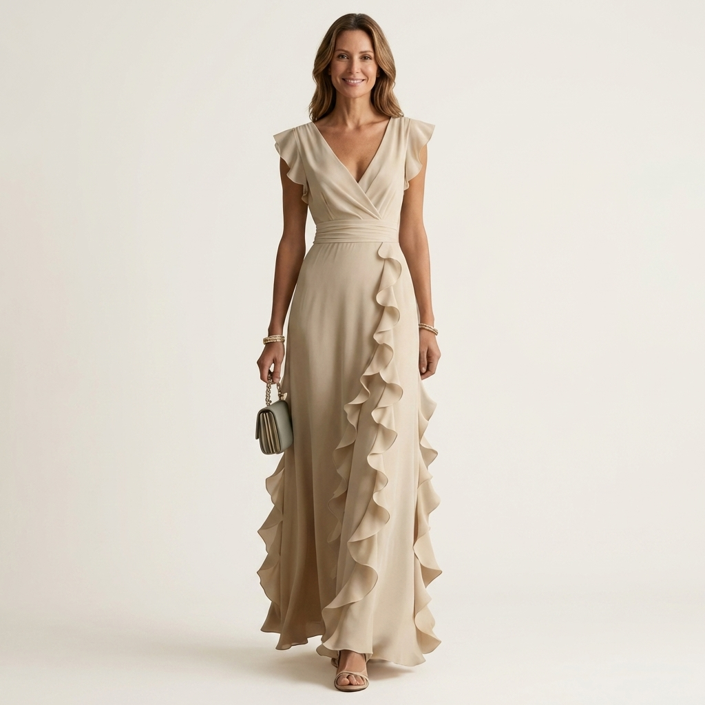 Nellyana Wrap-Style V-Neck Maxi Dress with Flutter Sleeves and Cascading Ruffles