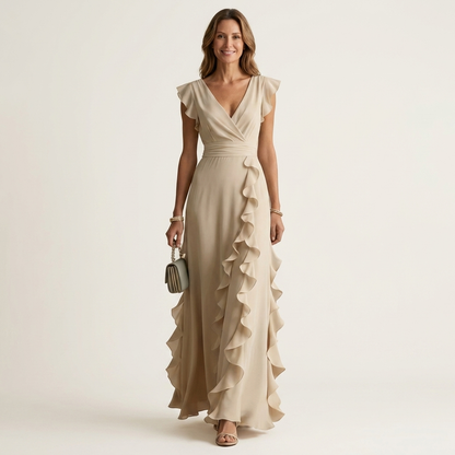 Nellyana Wrap-Style V-Neck Maxi Dress with Flutter Sleeves and Cascading Ruffles