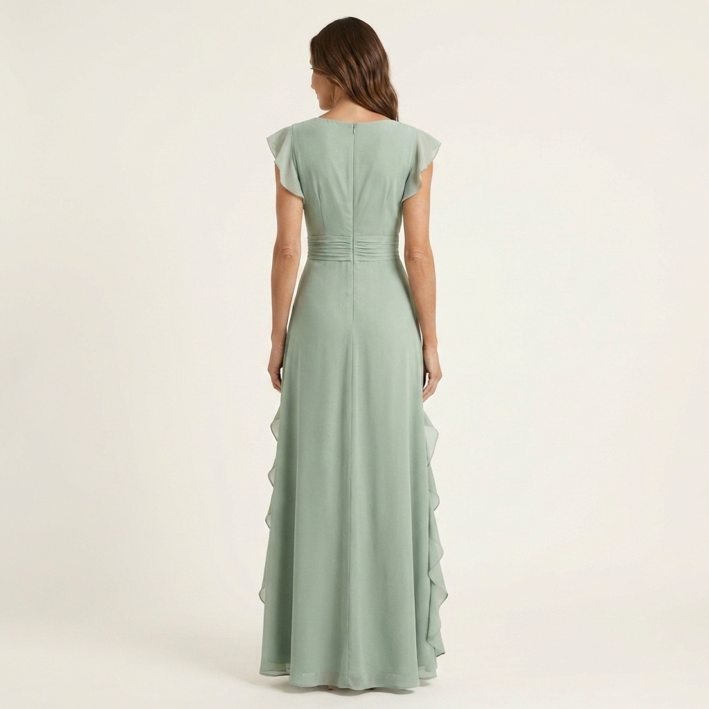 Nellyana Wrap-Style V-Neck Maxi Dress with Flutter Sleeves and Cascading Ruffles