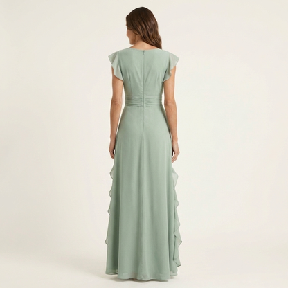 Nellyana Wrap-Style V-Neck Maxi Dress with Flutter Sleeves and Cascading Ruffles