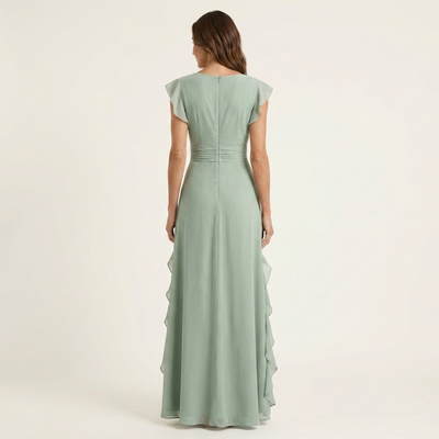 Nellyana Wrap-Style V-Neck Maxi Dress with Flutter Sleeves and Cascading Ruffles
