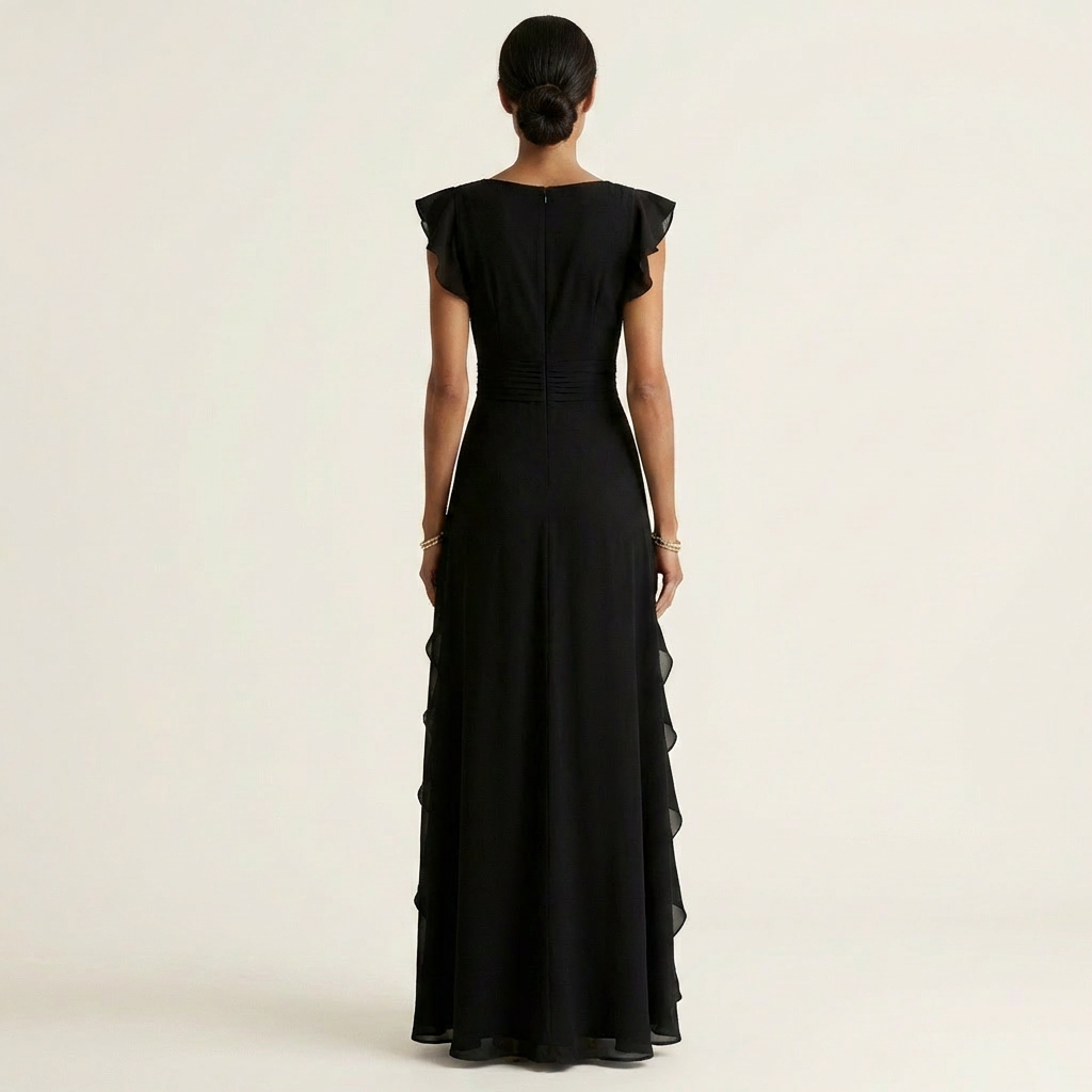 Nellyana Wrap-Style V-Neck Maxi Dress with Flutter Sleeves and Cascading Ruffles