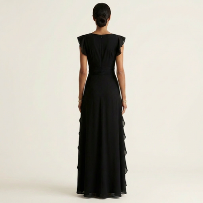 Nellyana Wrap-Style V-Neck Maxi Dress with Flutter Sleeves and Cascading Ruffles