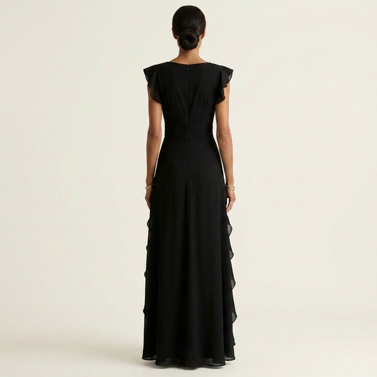 Nellyana Wrap-Style V-Neck Maxi Dress with Flutter Sleeves and Cascading Ruffles