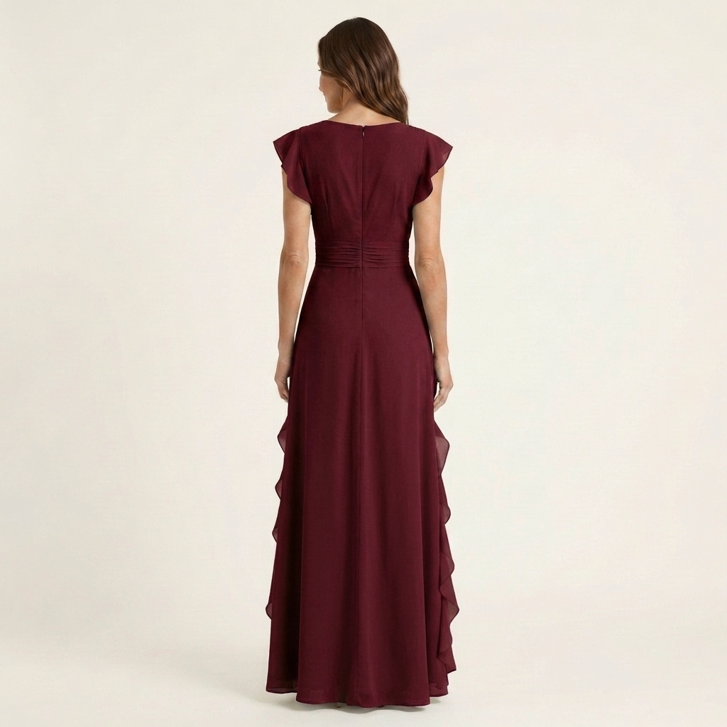 Nellyana Wrap-Style V-Neck Maxi Dress with Flutter Sleeves and Cascading Ruffles