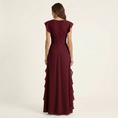 Nellyana Wrap-Style V-Neck Maxi Dress with Flutter Sleeves and Cascading Ruffles