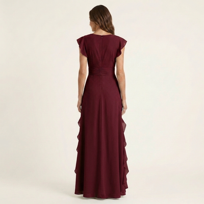 Nellyana Wrap-Style V-Neck Maxi Dress with Flutter Sleeves and Cascading Ruffles