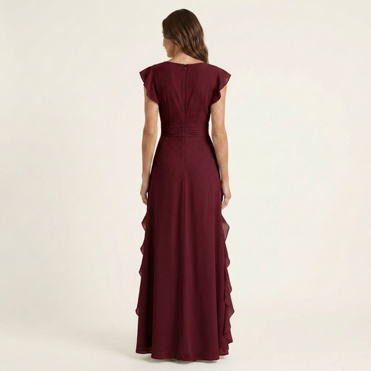 Nellyana Wrap-Style V-Neck Maxi Dress with Flutter Sleeves and Cascading Ruffles