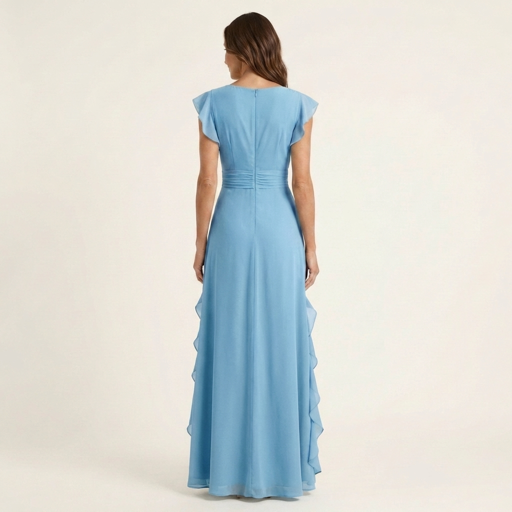Nellyana Wrap-Style V-Neck Maxi Dress with Flutter Sleeves and Cascading Ruffles