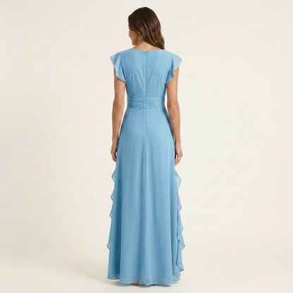 Nellyana Wrap-Style V-Neck Maxi Dress with Flutter Sleeves and Cascading Ruffles
