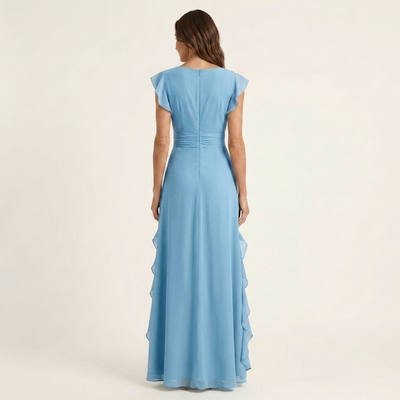 Nellyana Wrap-Style V-Neck Maxi Dress with Flutter Sleeves and Cascading Ruffles