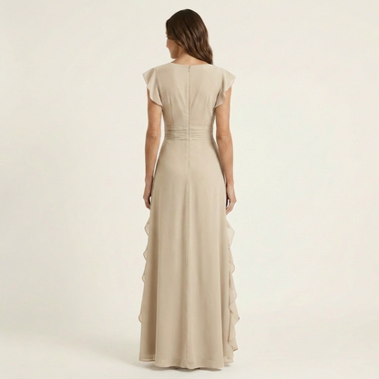 Nellyana Wrap-Style V-Neck Maxi Dress with Flutter Sleeves and Cascading Ruffles