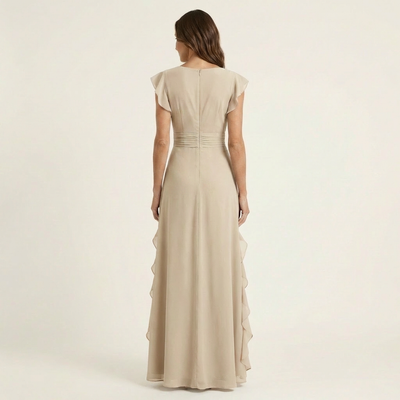 Nellyana Wrap-Style V-Neck Maxi Dress with Flutter Sleeves and Cascading Ruffles