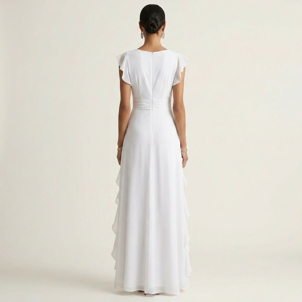 Nellyana Wrap-Style V-Neck Maxi Dress with Flutter Sleeves and Cascading Ruffles