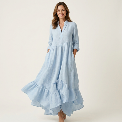 Jilana Stand-Collar Button-Front Maxi Dress with Ruffle Hem