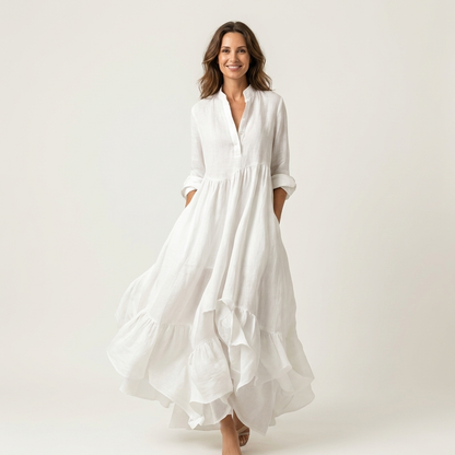 Jilana Stand-Collar Button-Front Maxi Dress with Ruffle Hem