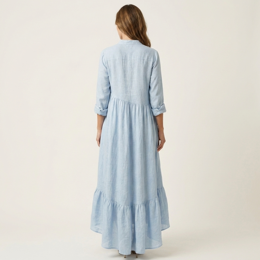 Jilana Stand-Collar Button-Front Maxi Dress with Ruffle Hem