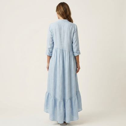Jilana Stand-Collar Button-Front Maxi Dress with Ruffle Hem