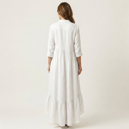Jilana Stand-Collar Button-Front Maxi Dress with Ruffle Hem