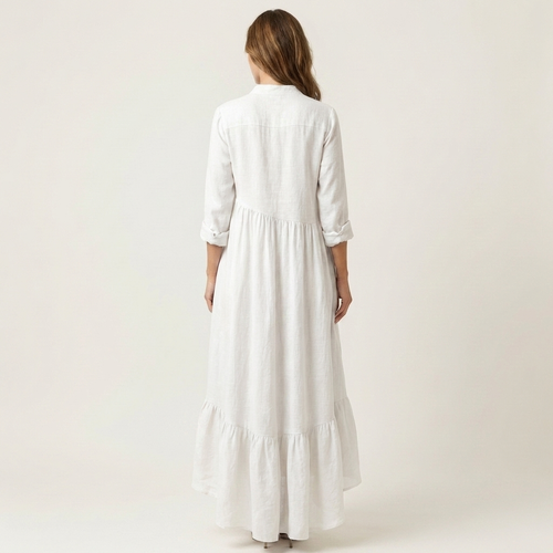 Jilana Stand-Collar Button-Front Maxi Dress with Ruffle Hem