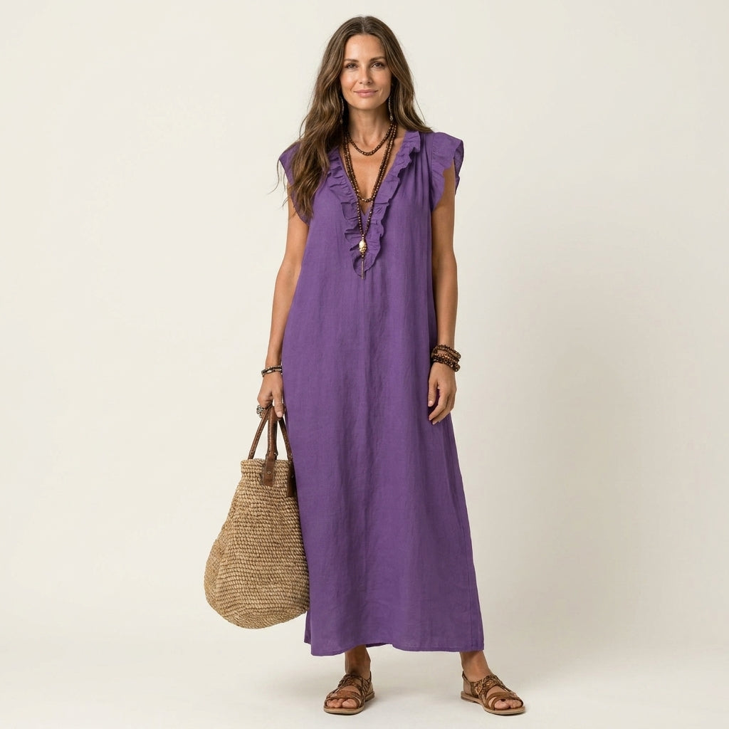 Josette Ruffle-V-Neck Linen Maxi Dress - Flowy, Effortless Style