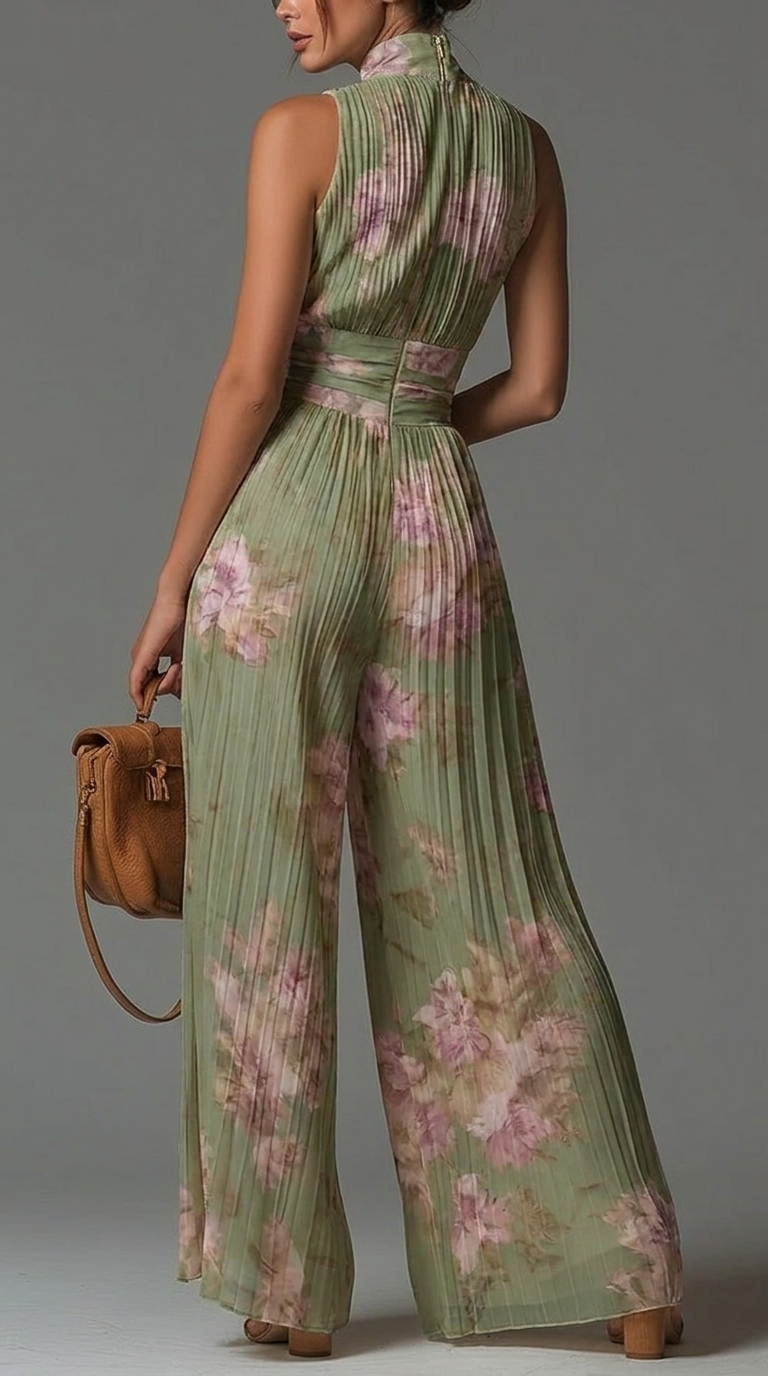 Chic Pleated Floral Chiffon Jumpsuit • S1