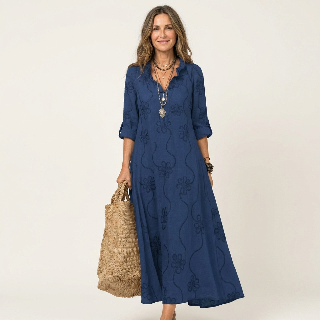 Mariam | Cotton-Linen Maxi Dress with Delicate Tonal Floral Embroidery