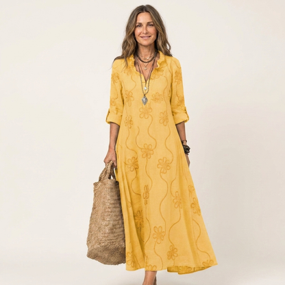 Mariam | Cotton-Linen Maxi Dress with Delicate Tonal Floral Embroidery
