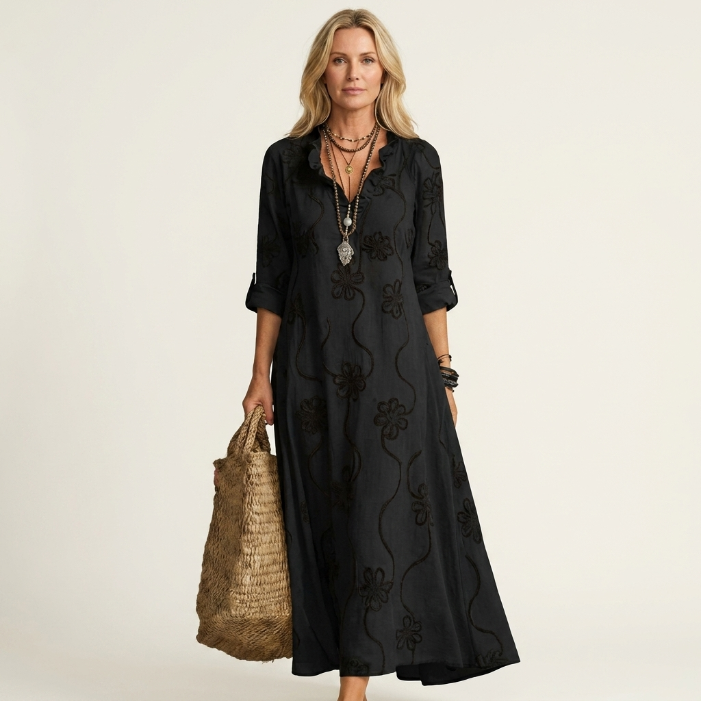 Mariam | Cotton-Linen Maxi Dress with Delicate Tonal Floral Embroidery