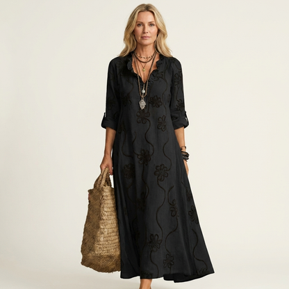 Mariam | Cotton-Linen Maxi Dress with Delicate Tonal Floral Embroidery