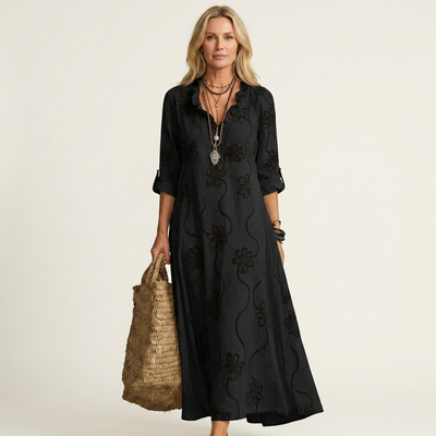 Mariam | Cotton-Linen Maxi Dress with Delicate Tonal Floral Embroidery