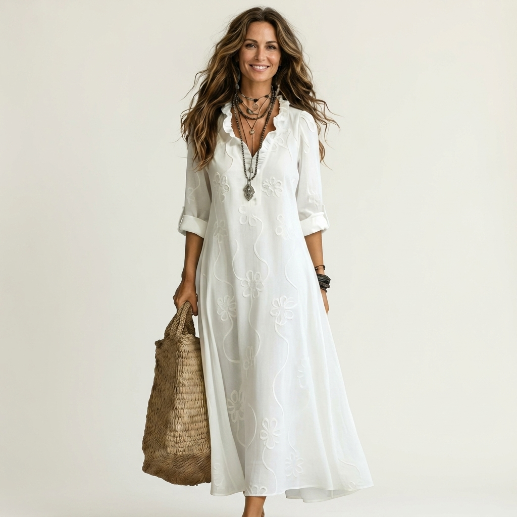 Mariam | Cotton-Linen Maxi Dress with Delicate Tonal Floral Embroidery
