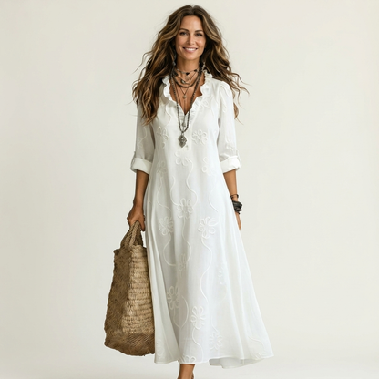 Mariam | Cotton-Linen Maxi Dress with Delicate Tonal Floral Embroidery
