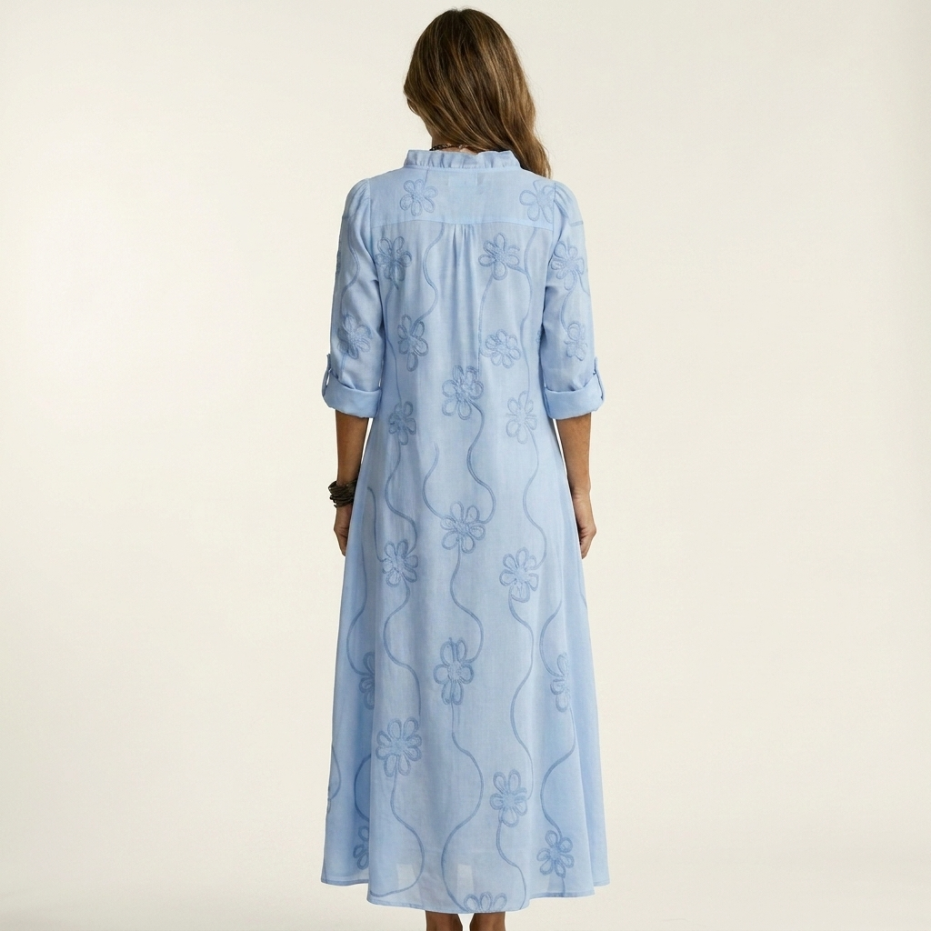 Mariam | Cotton-Linen Maxi Dress with Delicate Tonal Floral Embroidery