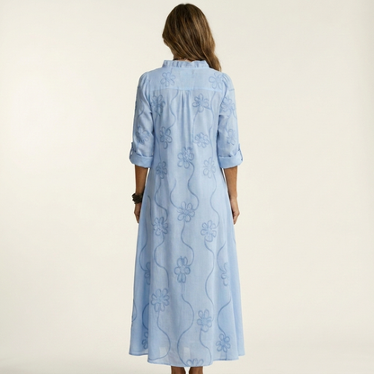 Mariam | Cotton-Linen Maxi Dress with Delicate Tonal Floral Embroidery