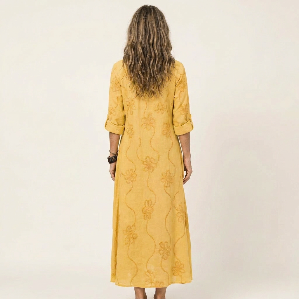 Mariam | Cotton-Linen Maxi Dress with Delicate Tonal Floral Embroidery