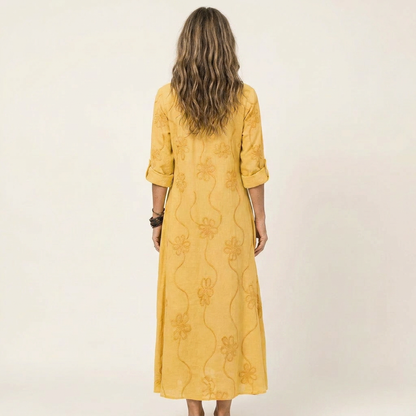 Mariam | Cotton-Linen Maxi Dress with Delicate Tonal Floral Embroidery
