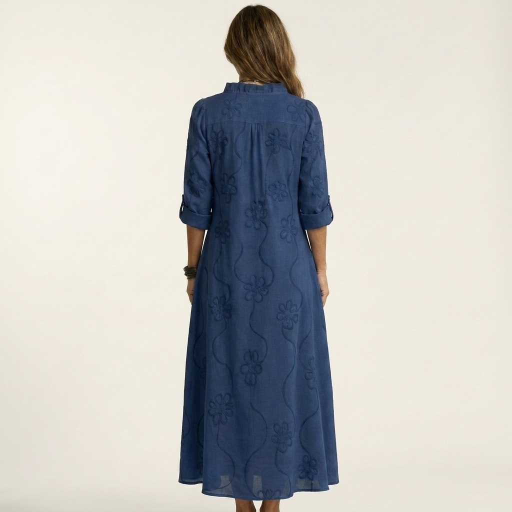 Mariam | Cotton-Linen Maxi Dress with Delicate Tonal Floral Embroidery