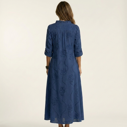 Mariam | Cotton-Linen Maxi Dress with Delicate Tonal Floral Embroidery